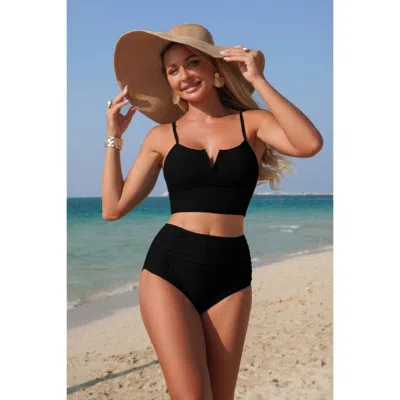 Truedames Two Piece Solid Strap High Waiste Pleated Bikini In Black