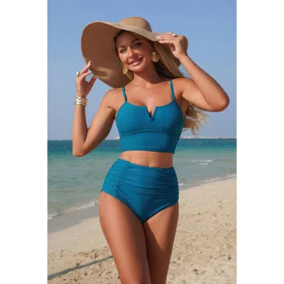 Truedames Two Piece Solid Strap High Waiste Pleated Bikini In Blue
