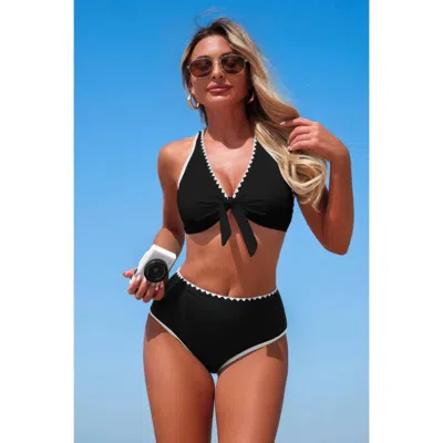 Truedames Two Piece Tie Knot Contrast High Waisted Bikini In Black