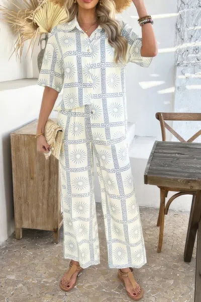 Truedames Two Pieces All Over Print Button Down Long Sets In Gray