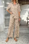 Truedames Two Pieces All Over Print Button Down Long Sets In Brown