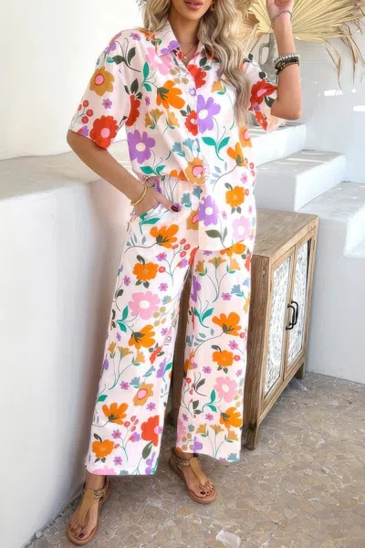 Truedames Two Pieces All Over Print Button Down Long Sets In White