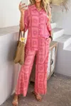 Truedames Two Pieces All Over Print Button Down Long Sets In Pink