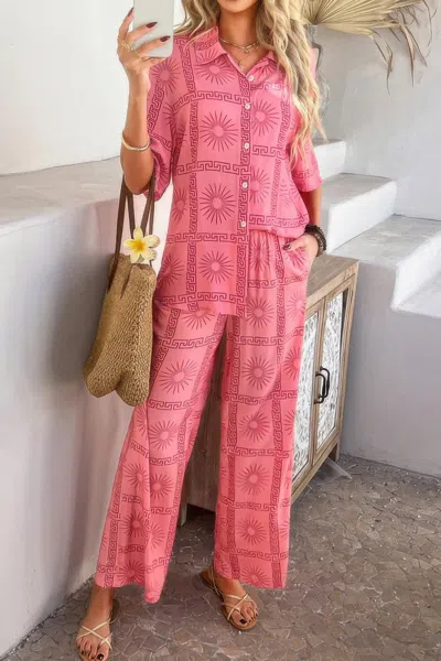 Truedames Two Pieces All Over Print Button Down Long Sets In Pink