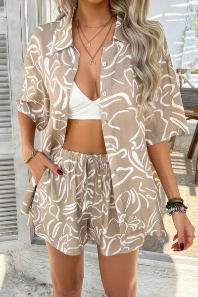 Truedames Two Pieces All Over Print Button Down Short Sets In Animal Print
