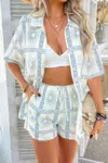 Truedames Two Pieces All Over Print Button Down Short Sets In Blue