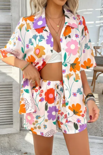 Truedames Two Pieces All Over Print Button Down Short Sets In Multi