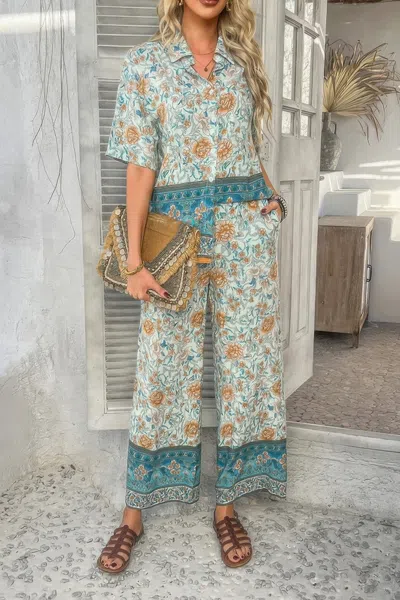 Truedames Two Pieces Button Down Boho Blouse Pant Sets In Blue