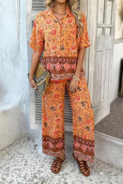 Truedames Two Pieces Button Down Boho Blouse Pant Sets In Orange