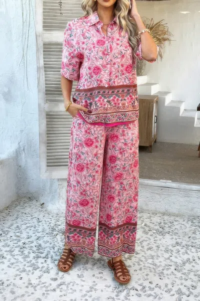 Truedames Two Pieces Button Down Boho Blouse Pant Sets In Pink
