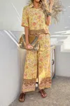 Truedames Two Pieces Button Down Boho Blouse Pant Sets In Yellow