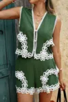 Truedames Two Pieces Button Down Lace Decoration Sets In Green