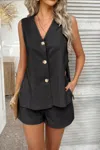Truedames Two Pieces Button Down V Neck Suit Short Sets In Black