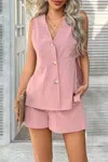 Truedames Two Pieces Button Down V Neck Suit Short Sets In Pink