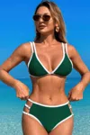 Truedames Two Pieces Color Block Cut Out Back Knot Bikini In Green