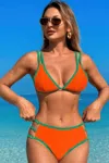 Truedames Two Pieces Color Block Cut Out Back Knot Bikini In Orange
