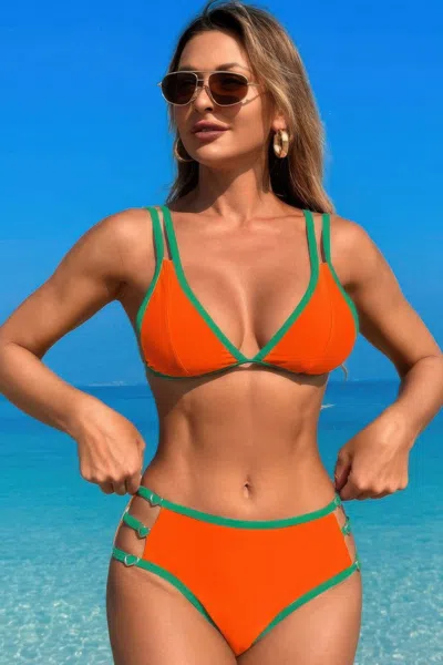 Truedames Two Pieces Color Block Cut Out Back Knot Bikini In Orange