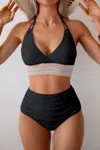 Truedames Two Pieces Elastic Band Halter Ruched Bikini In Black