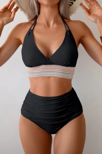 Truedames Two Pieces Elastic Band Halter Ruched Bikini In Black