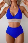 Truedames Two Pieces Elastic Band Halter Ruched Bikini In Blue