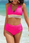 Truedames Two Pieces Elastic Band Halter Ruched Bikini In Pink