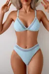 Truedames Two Pieces Lace Trim Solid High Cut Bikini In Blue