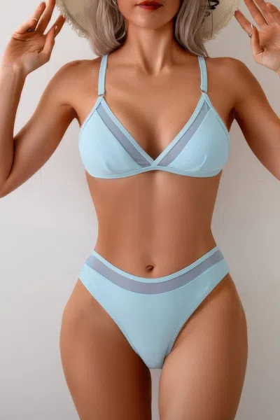 Truedames Two Pieces Lace Trim Solid High Cut Bikini In Blue