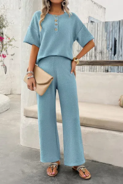 Truedames Two Pieces Outfits Knitted Crew Neck Button Set In Blue