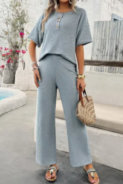 Truedames Two Pieces Outfits Knitted Crew Neck Button Set In Gray