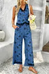 Truedames Two Pieces Printed Lace Hem Button Down Pocket Set In Blue