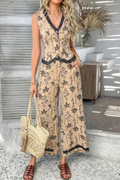 Truedames Two Pieces Printed Lace Hem Button Down Pocket Set In Brown