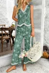 Truedames Two Pieces Printed Lace Hem Button Down Pocket Set In Green