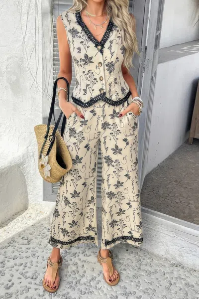 Truedames Two Pieces Printed Lace Hem Button Down Pocket Set In Neutral