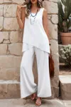 Truedames Two Pieces Round Neck Asymmetric Hem Wide Leg Sets In White