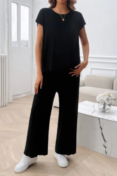 Truedames Two Pieces Short Sleeve Outfit Pullover Wide Leg Set In Black