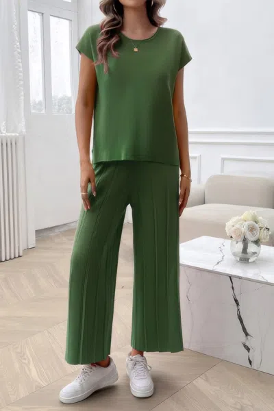 Truedames Two Pieces Short Sleeve Outfit Pullover Wide Leg Set In Green