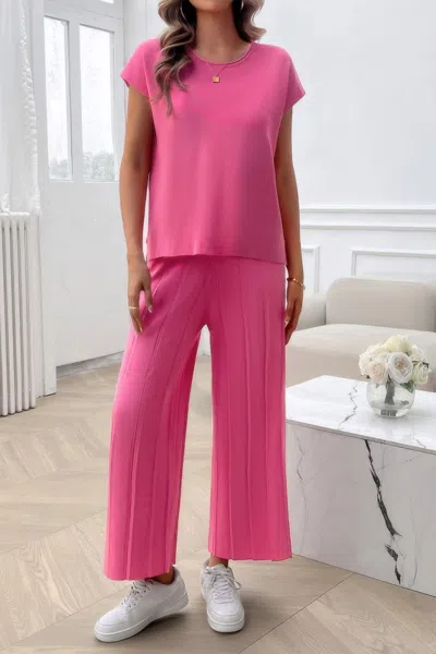Truedames Two Pieces Short Sleeve Outfit Pullover Wide Leg Set In Pink