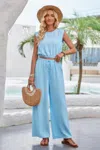 Truedames Two Pieces Sleeveless Wide Leg Drawstring Set In Blue