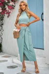 Truedames Two Pieces Soild Cowl Neck Wrap Sets In Blue