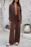 Truedames Two Pieces Solid Button Down Blouse Pant Sets In Brown