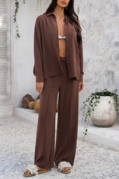 Truedames Two Pieces Solid Button Down Blouse Pant Sets In Brown