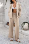 Truedames Two Pieces Solid Button Down Blouse Pant Sets In Brown