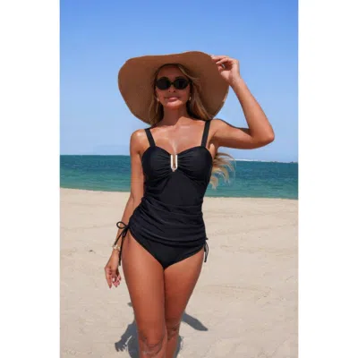 Truedames Two Pieces Solid Drawstring Padded Tankini Sets In Black