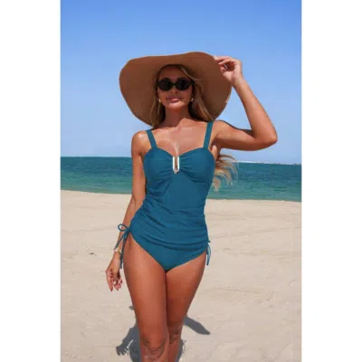 Truedames Two Pieces Solid Drawstring Padded Tankini Sets In Blue
