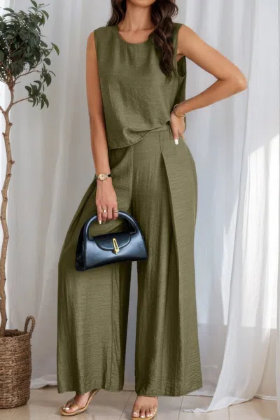 Truedames Two Pieces Solid Tank Wide Leg Pants Set In Green