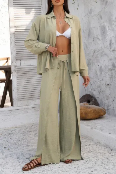 Truedames Two Pieces Split Solid Button Down Sets In Green