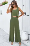 Truedames Two Pieces Square Neck Sleeveless Solid Sets In Green