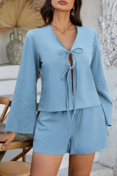 Truedames Two Pieces Tie Open Front V Neck Long Sleeve Sets In Blue
