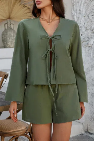 Truedames Two Pieces Tie Open Front V Neck Long Sleeve Sets In Green