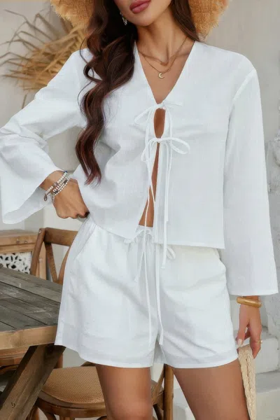 Truedames Two Pieces Tie Open Front V Neck Long Sleeve Sets In White